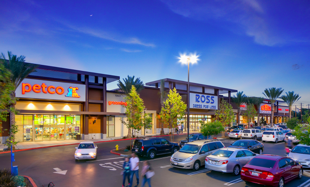 Strip retail center at twilight
